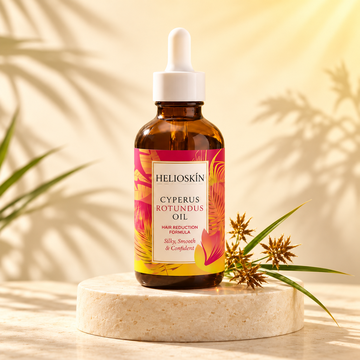 Helioskin Cyperus Rotundus Oil amber bottle with botanical label